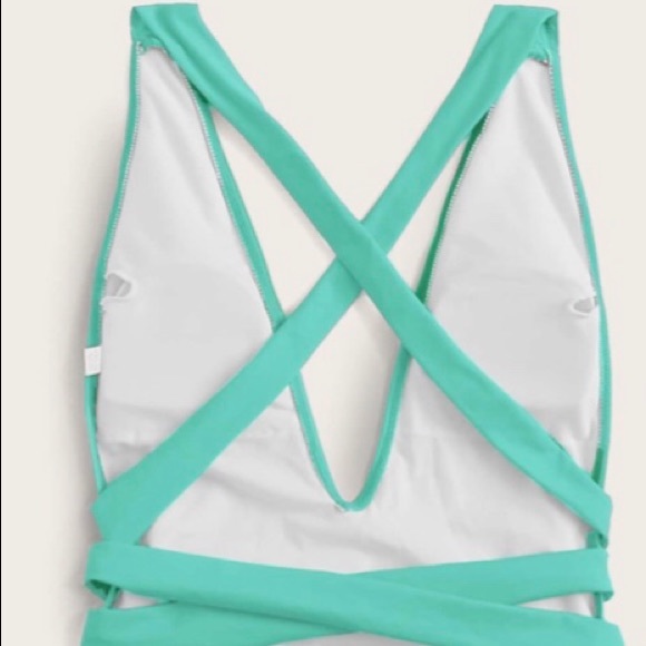 Mint Green Lined Deep V Criss Cross One Piece Swimsuit New - Picture 3 of 16